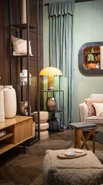 Ambiance déco chaleureuse avec lampe d’appoint et rideaux verts dans la boutique Déco Pure à Châteaugiron